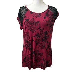 Carol Rose Floral Whimsigoth Burgundy Top W/ Black Lace Short Sleeve Womens XL